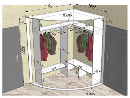 Гардеробная радиусная угловая выпуклая трёхдверная с вставками акриловое стекло